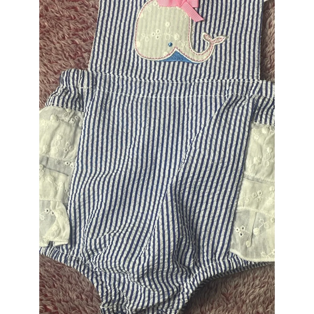 Baby Nursery Rhymes ruffle butt romper 3 Months Whale seersucker